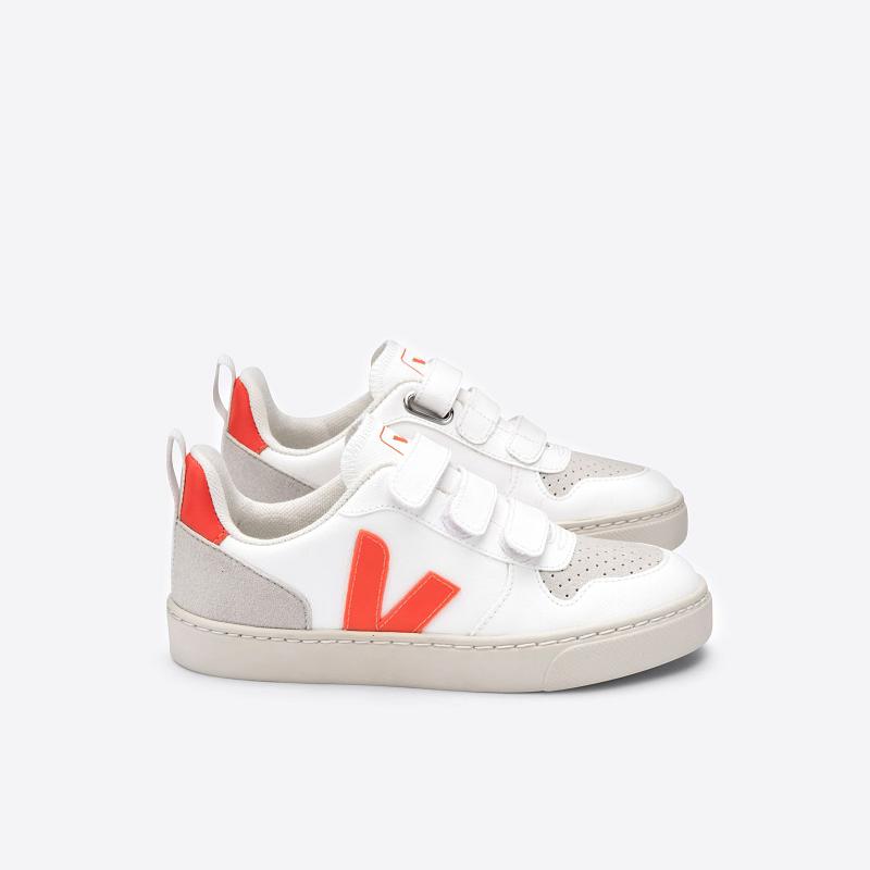 Zapatillas Veja Niños Madrid - V-10 Velcro Tenis Blancas Naranjas ES4613504